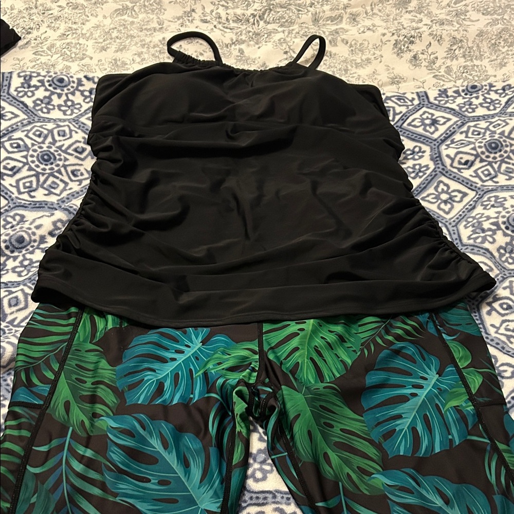 Black Tankini Top with Green & Teal Tropical Print Bottoms